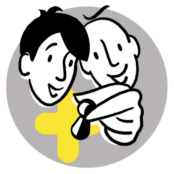 getekend icoon in grijs/zwart met geel accent verbeeldend het spelen van een leuk senioren spel