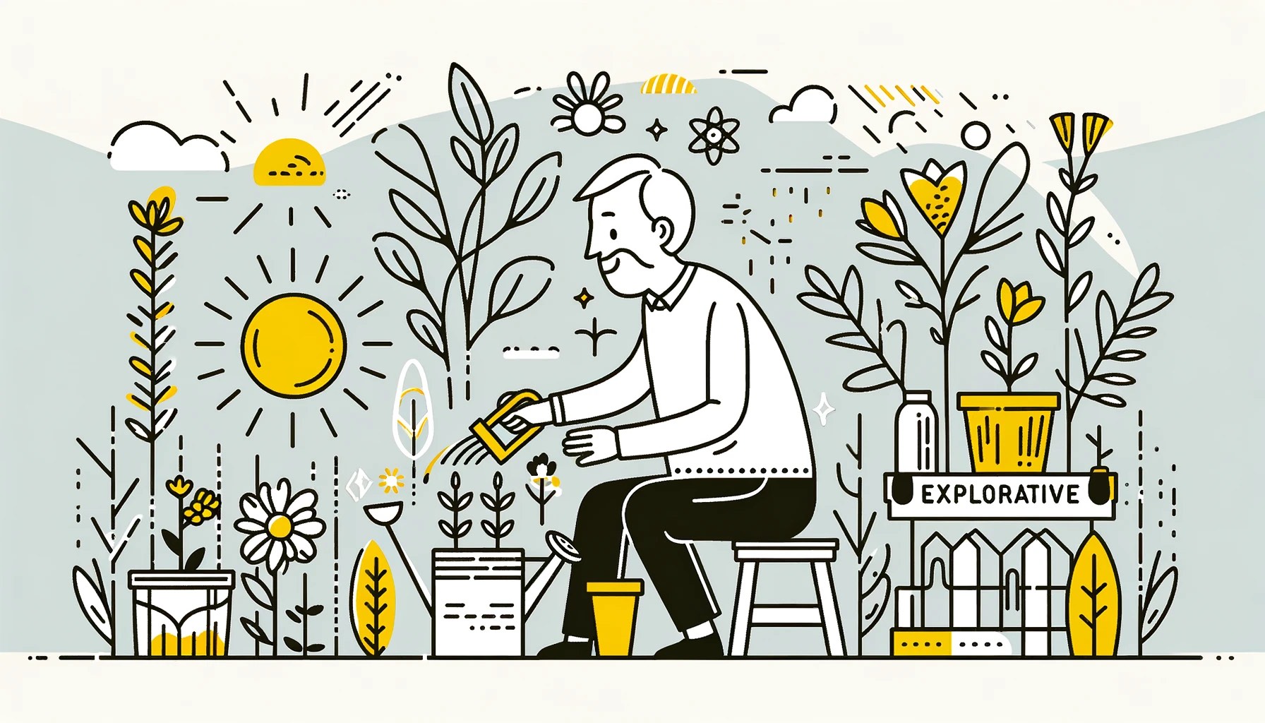 Een oudere persoon in een tuin, blij en nieuwsgierig bezig met het planten van zaden in potten. Tuiniergereedschap en een gieter zijn geaccentueerd in geel, wat hun actieve betrokkenheid en ontdekking bij de taak symboliseert
