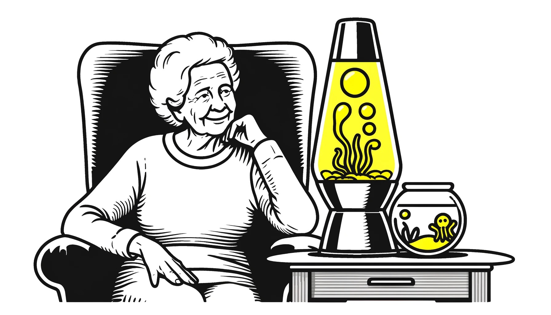 Een oudere vrouw zit comfortabel in een verzorgingstehuis, gefascineerd kijkend naar een lavalamp met gele inhoud naast haar. Op de achtergrond is een vissekom zichtbaar met kleine gele octopussen erin. Haar expressie is gelukkig en geboeid door wat ze ziet