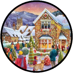 Puzzel van een mooi huis versiert voor de kerst en mensen aangekleed voor het kerstfeest, de puzzel is speciaal geschikt voor ouderen en bejaarden met dementie